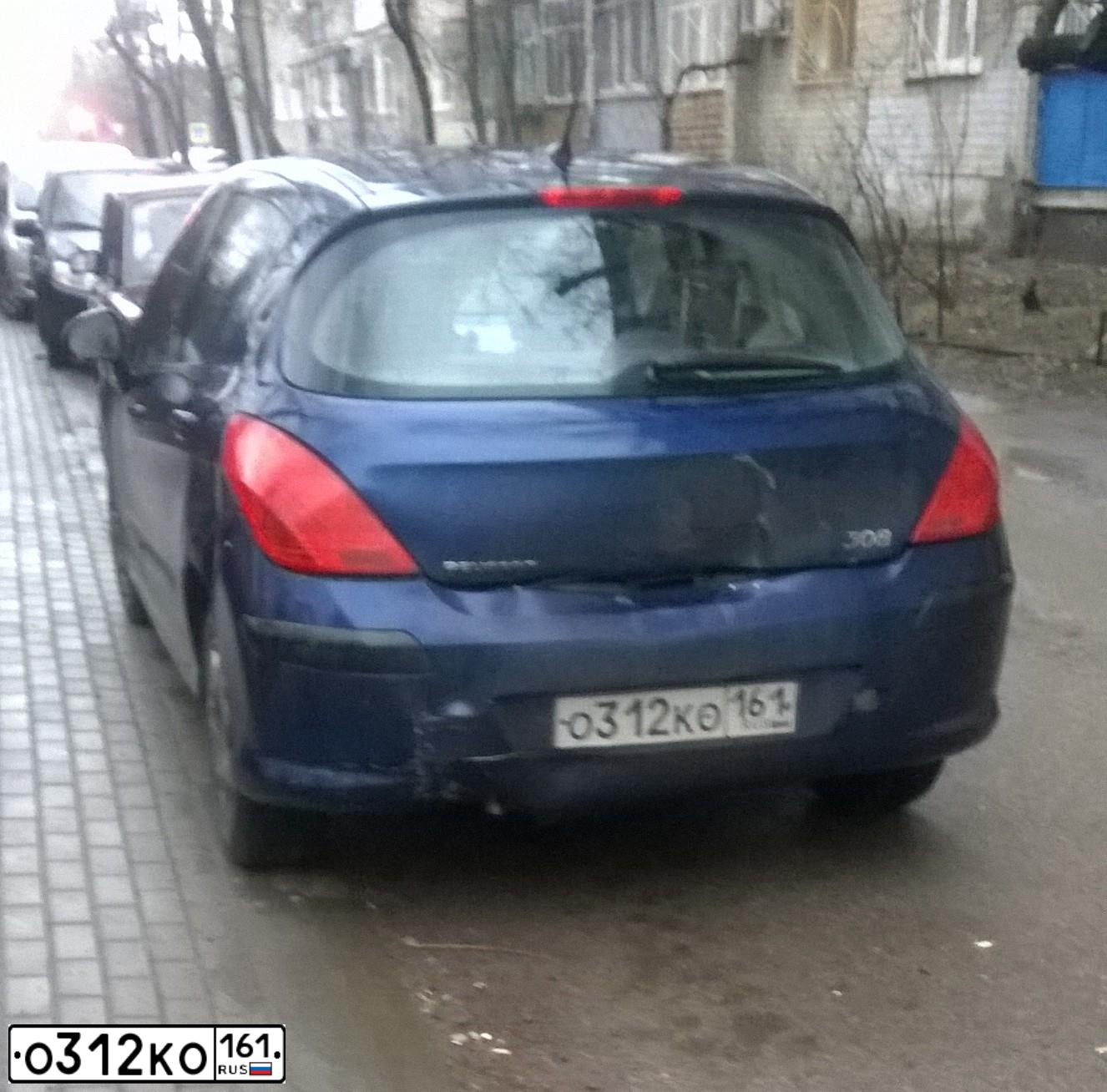 Фото автомобиля PEUGEOT 308, 2008 — госномер О312КО161. Цвет: СИНИЙ