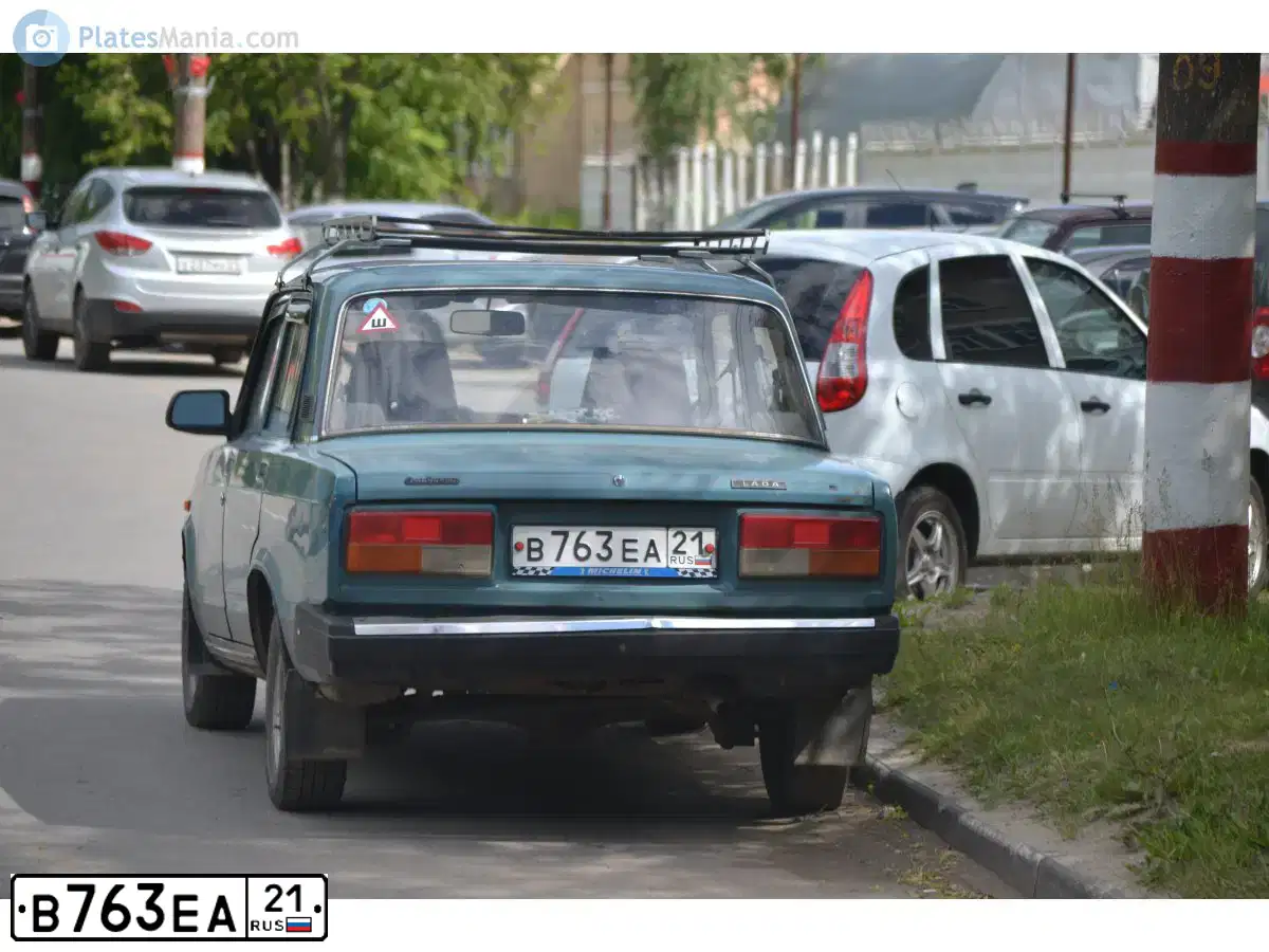 Фото автомобиля LADA 2107, 2005 — госномер В763ЕА21. Цвет: СЕРО-СИНИЙ