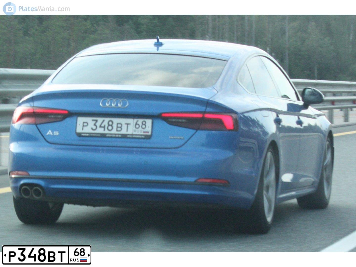 Фото автомобиля AUDI A5, 2019 — госномер Р348ВТ68. Цвет: синий
