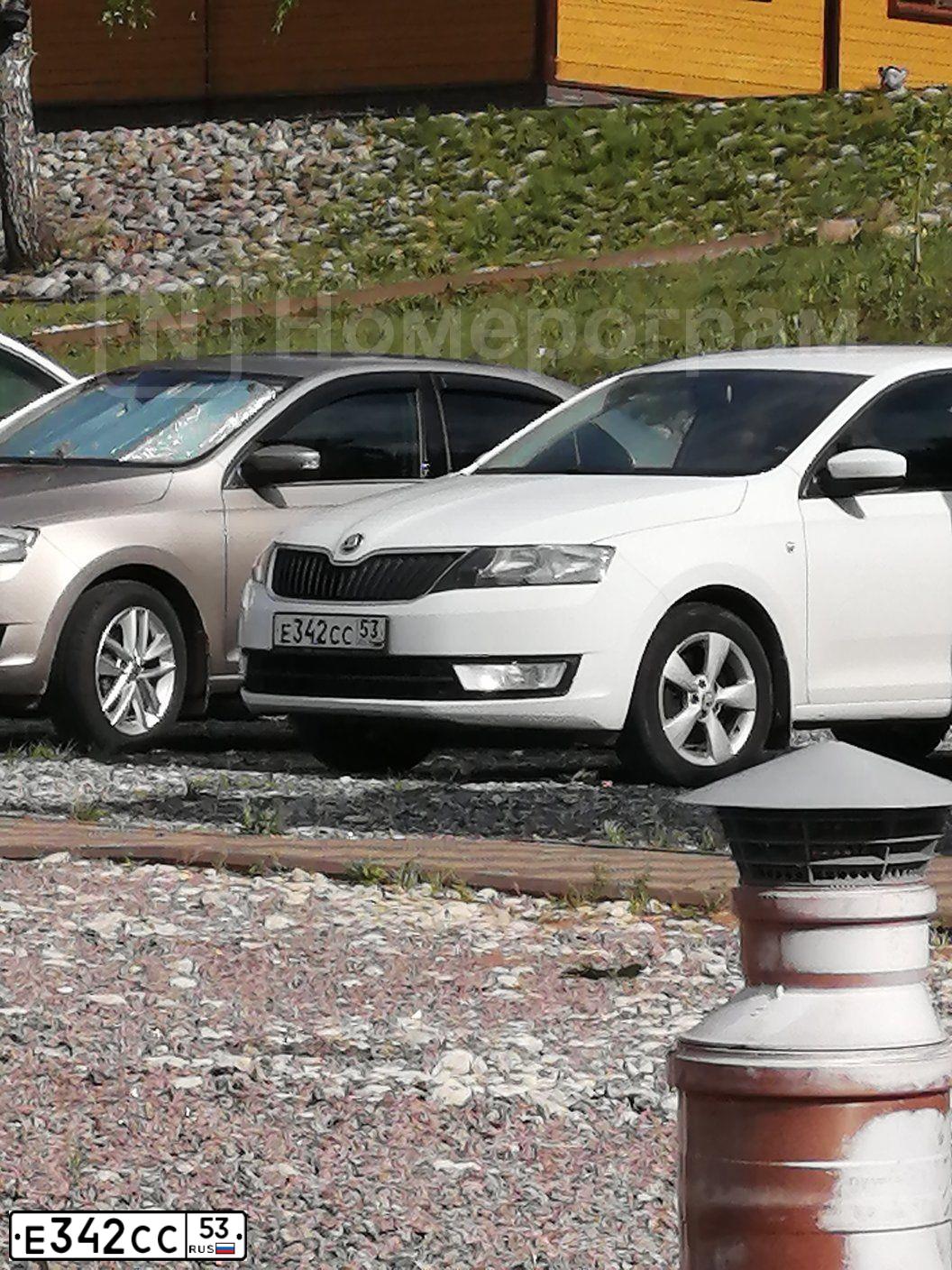 Фото автомобиля SKODA RAPID, 2014 — госномер Е342СС53. Цвет: Белый