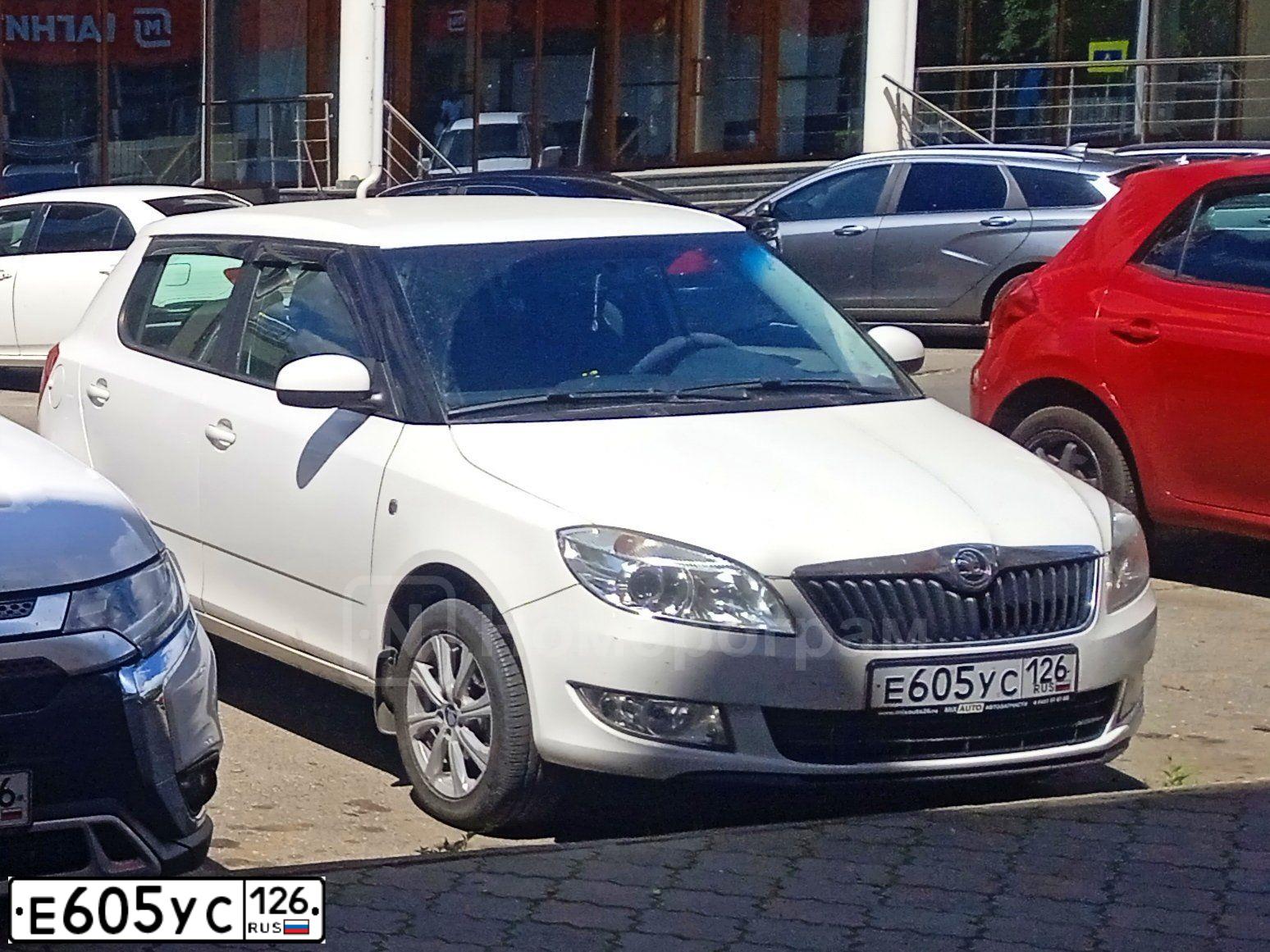 Фото автомобиля SKODA FABIA, 2014 — госномер Е605УС126. Цвет: Белый