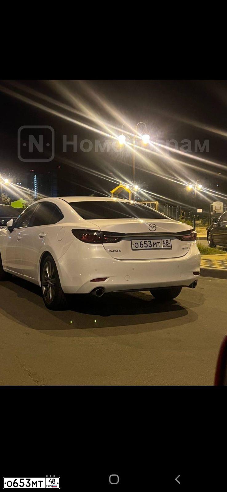 Фото автомобиля MAZDA 6, 2020 — госномер О653МТ48. Цвет: Белый