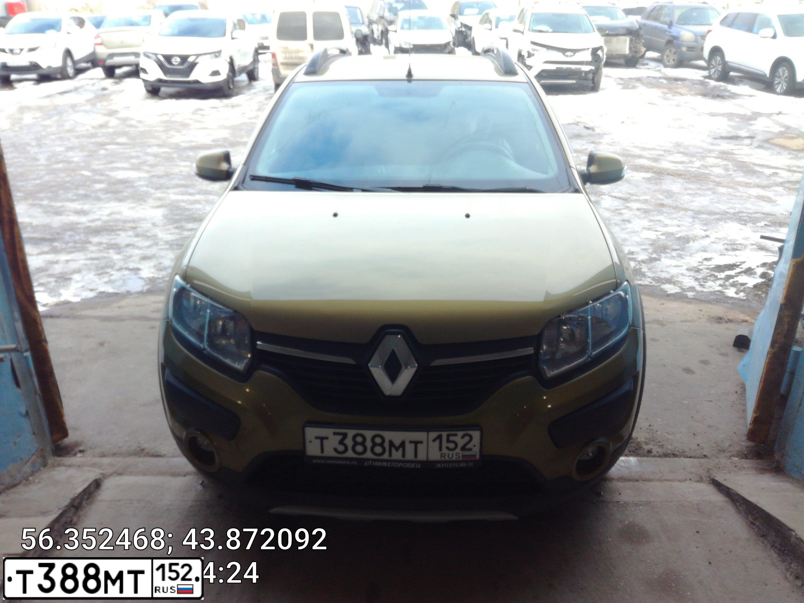 Фото автомобиля RENAULT SANDERO, 2016 — госномер О575КТ152. Цвет: ЗОЛОТИСТО-ЗЕЛЕНЫЙ