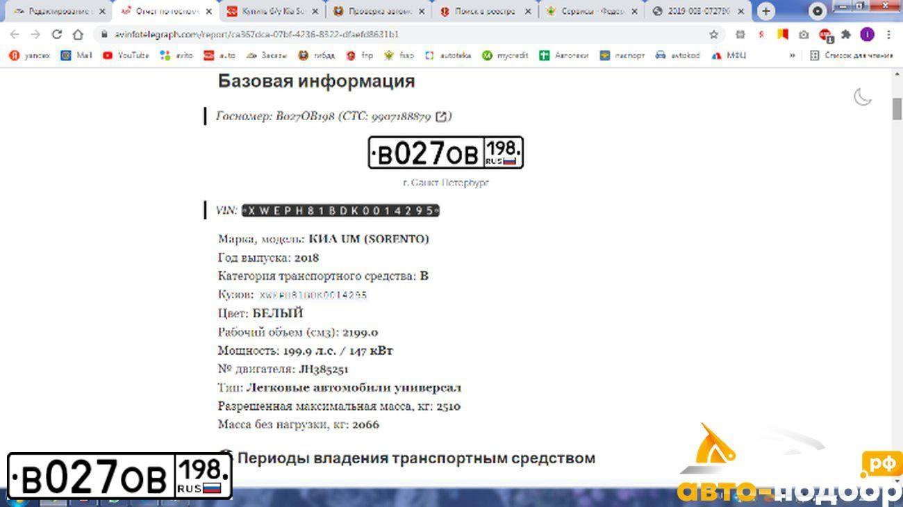 Фото автомобиля KIA SORENTO, 2018 — госномер В027ОВ198. Цвет: Белый