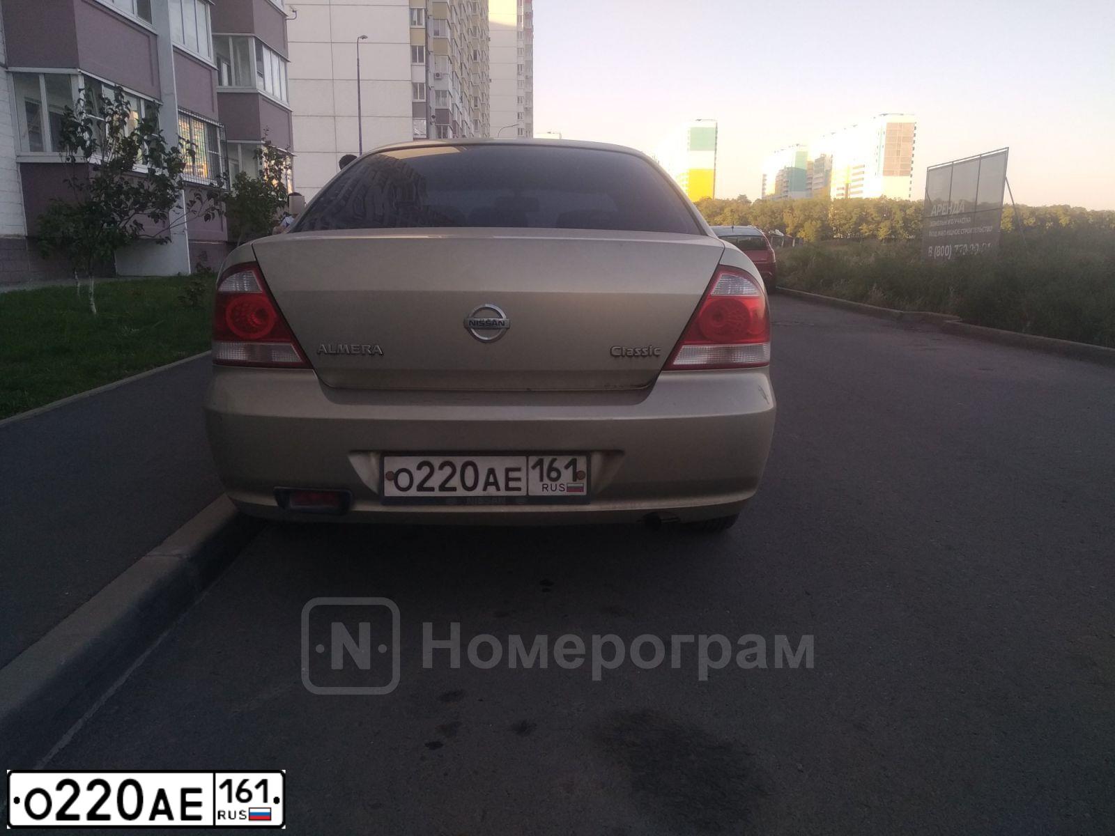 Фото автомобиля NISSAN ALMERA, 2007 — госномер О220АЕ161. Цвет: БЕЖЕВЫЙ