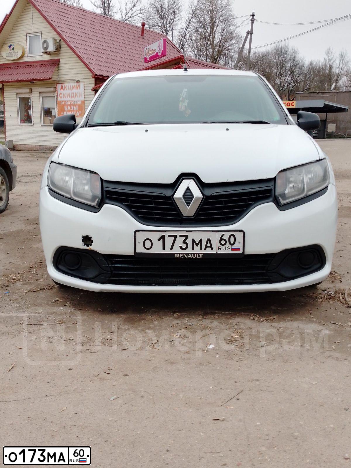 Фото автомобиля RENAULT LOGAN, 2018 — госномер О173МА60. Цвет: Белый