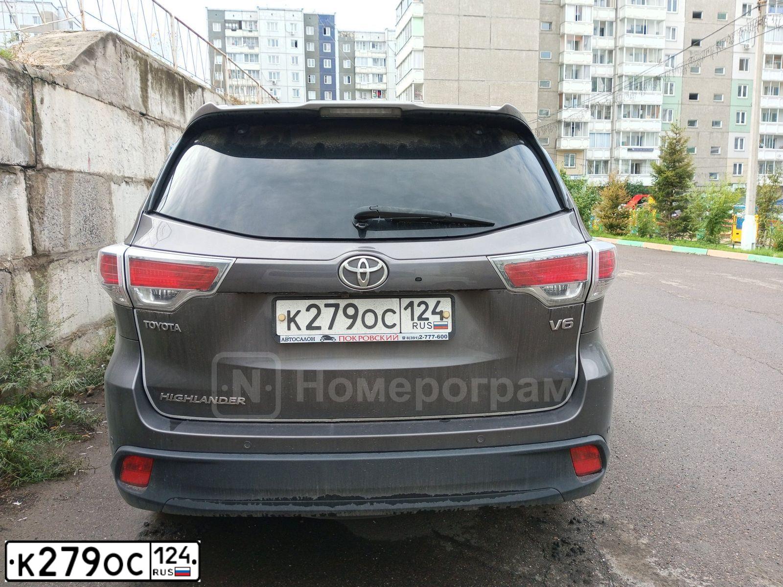 Фото автомобиля TOYOTA HIGHLANDER, 2014 — госномер К279ОС124. Цвет: ТЕМНО СЕРЫЙ
