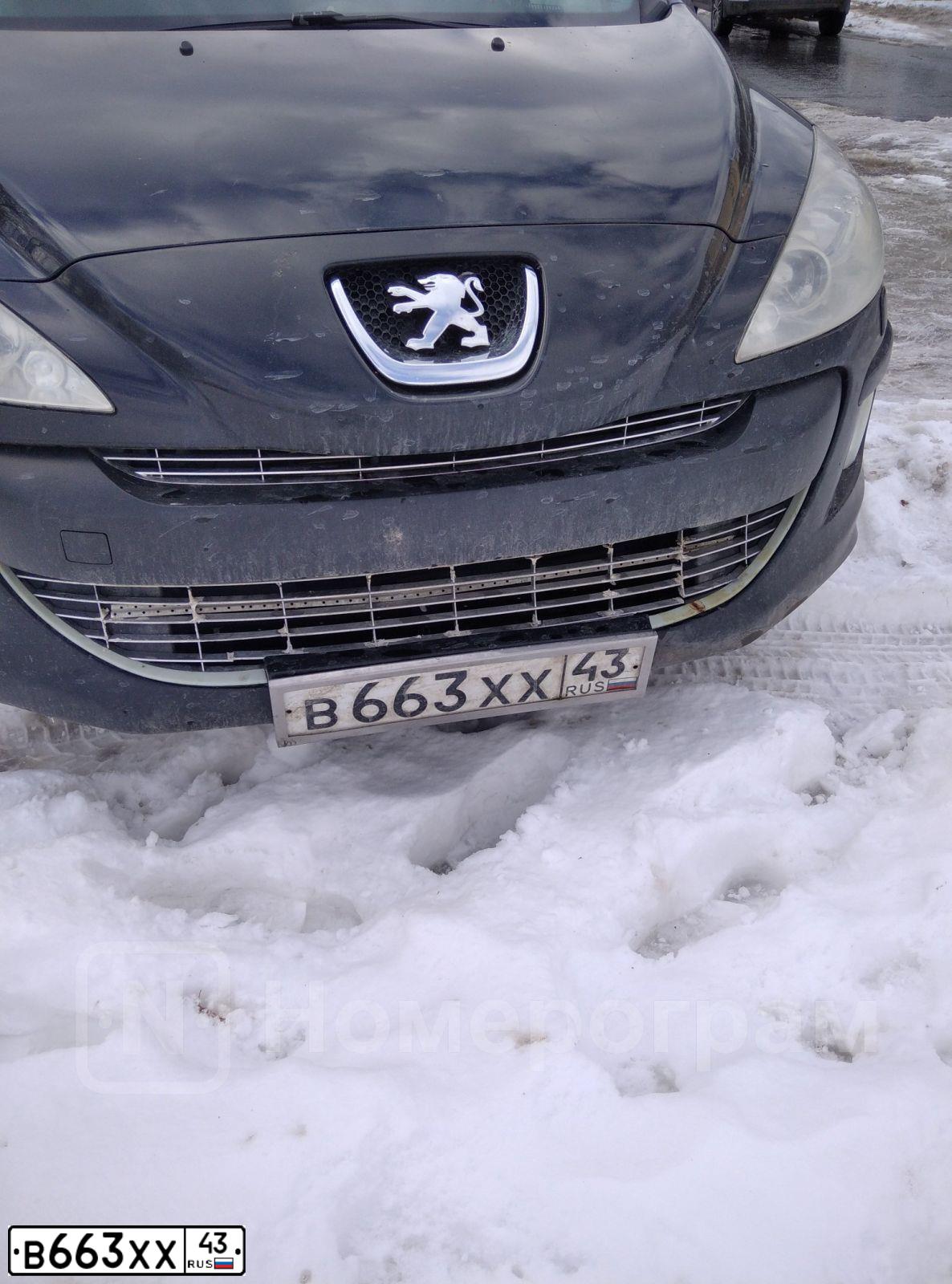 Фото автомобиля PEUGEOT 308, 2008 — госномер В663ХХ43. Цвет: ЧЕРНЫЙ