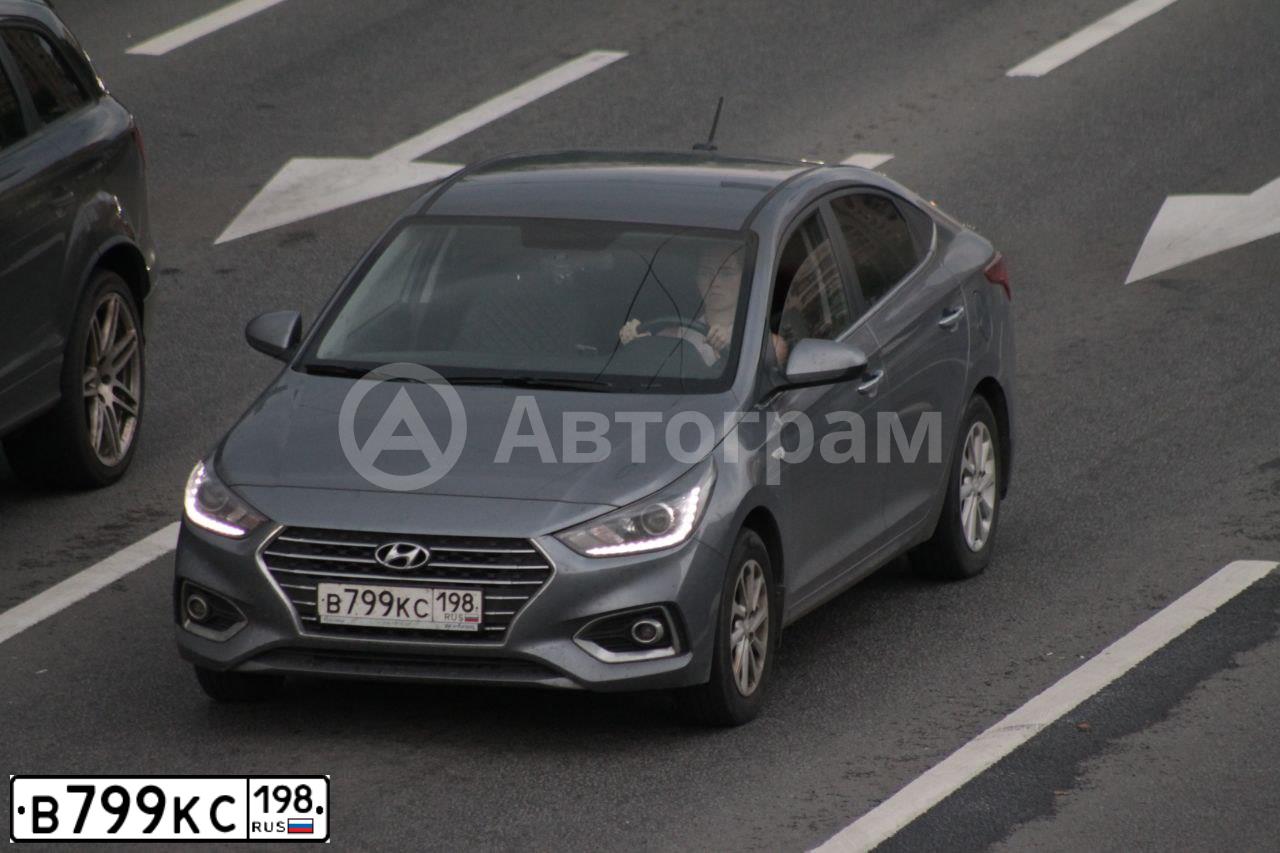 Фото автомобиля HYUNDAI SOLARIS, 2018 — госномер В799КС198. Цвет: Серый