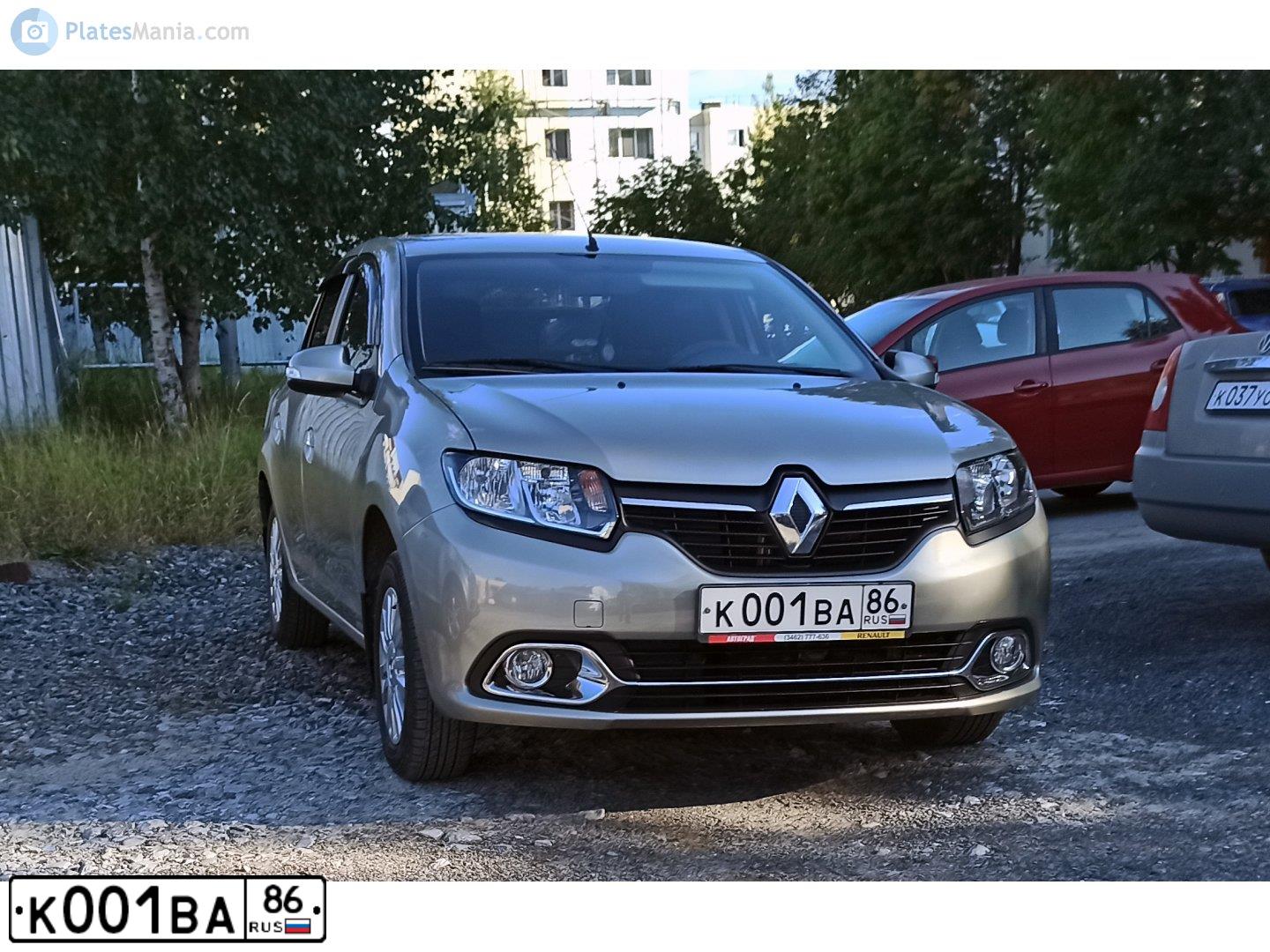 Фото автомобиля RENAULT LOGAN, 2015 — госномер К001ВА86. Цвет: БЕЖЕВЫЙ
