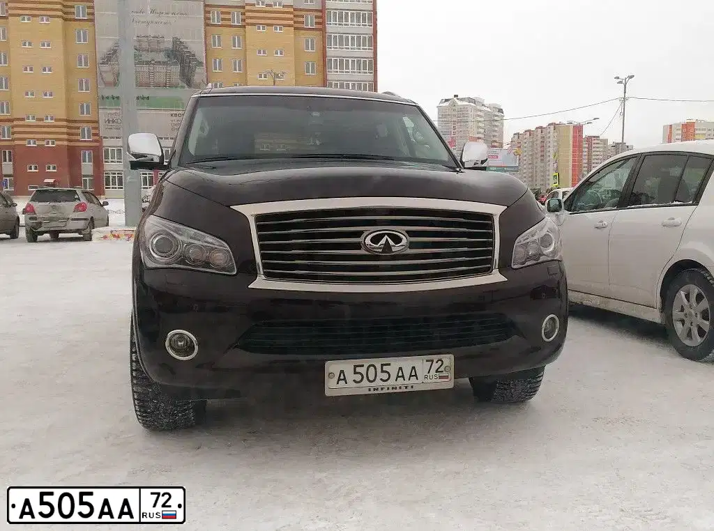 Фото автомобиля INFINITI QX80 /QX56/, 2012 — госномер А505АА72. Цвет: ТЕМНО-КРАСНЫЙ