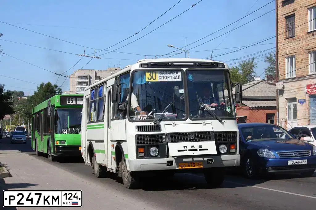 Фото автомобиля PAZ 3205, 2005 — госномер Р247КМ124. Цвет: БЕЛЫЙ С ЗЕЛЕНОЙ ПОЛОСОЙ
