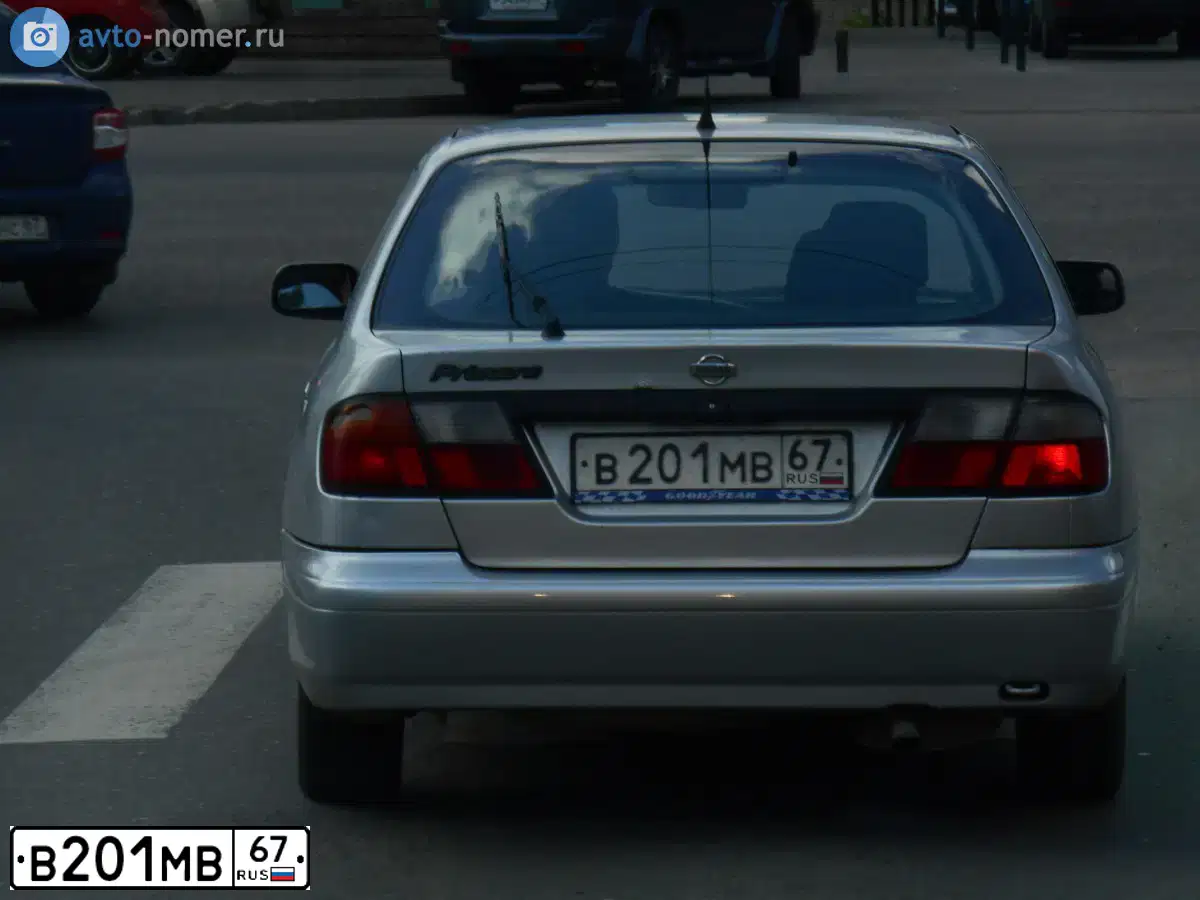 Фото автомобиля NISSAN PRIMERA, 1998 — госномер В201МВ67. Цвет: СЕРЕБРИСТЫЙ
