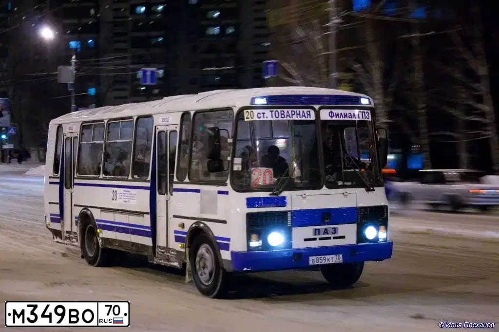 Фото автомобиля PAZ 4234, 2005 — госномер М349ВО70. Цвет: БЕЛО-СИНИЙ