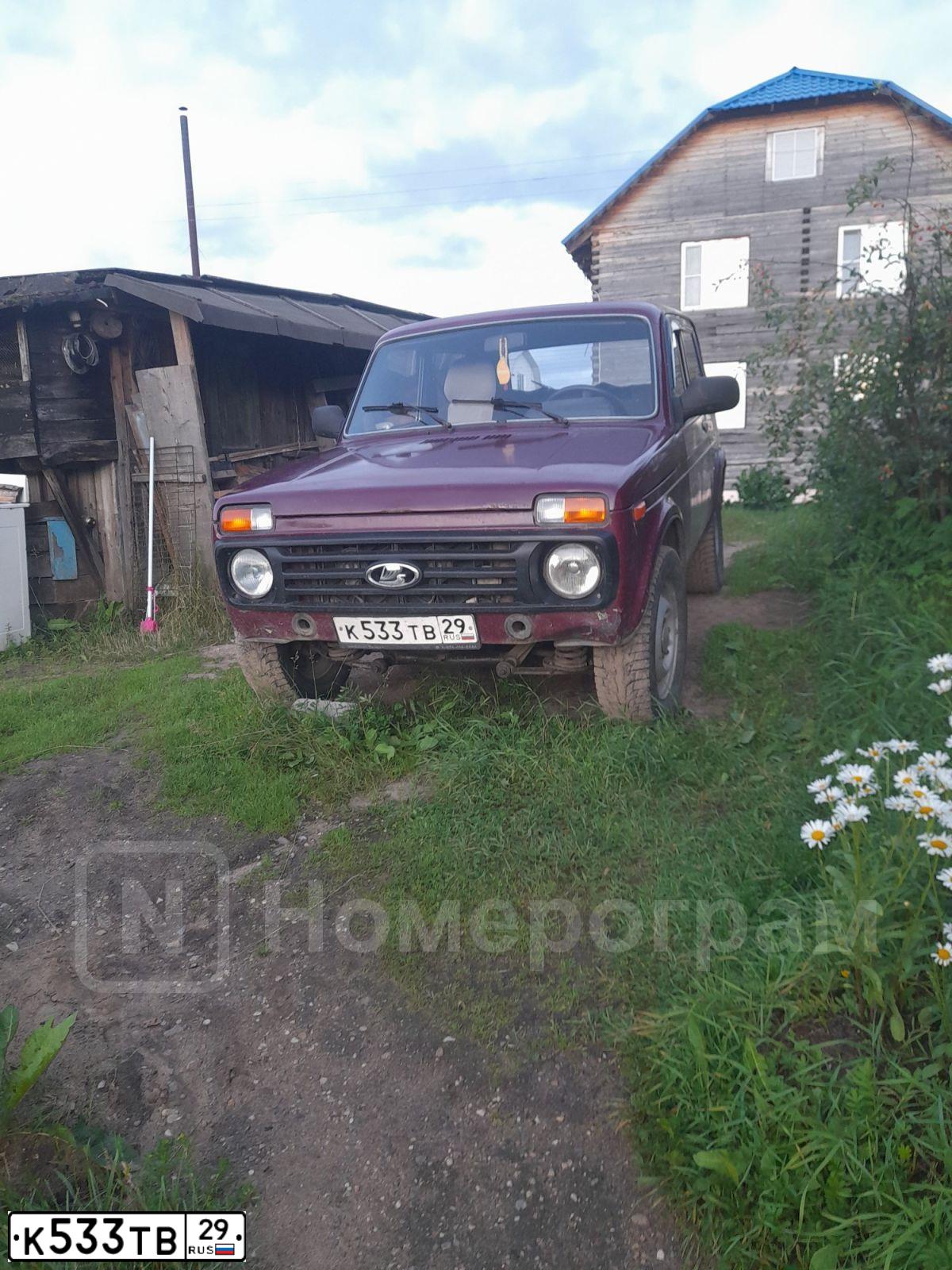 Фото автомобиля LADA 2121 NIVA, 2012 — госномер К533ТВ29. Цвет: ТЕМНО-ВИШНЕВЫЙ