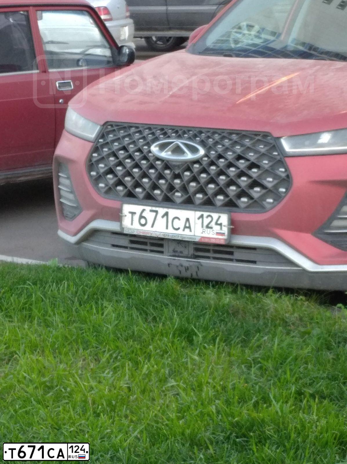 Фото автомобиля CHERY TIGGO, 2020 — госномер Т671СА124. Цвет: Красный