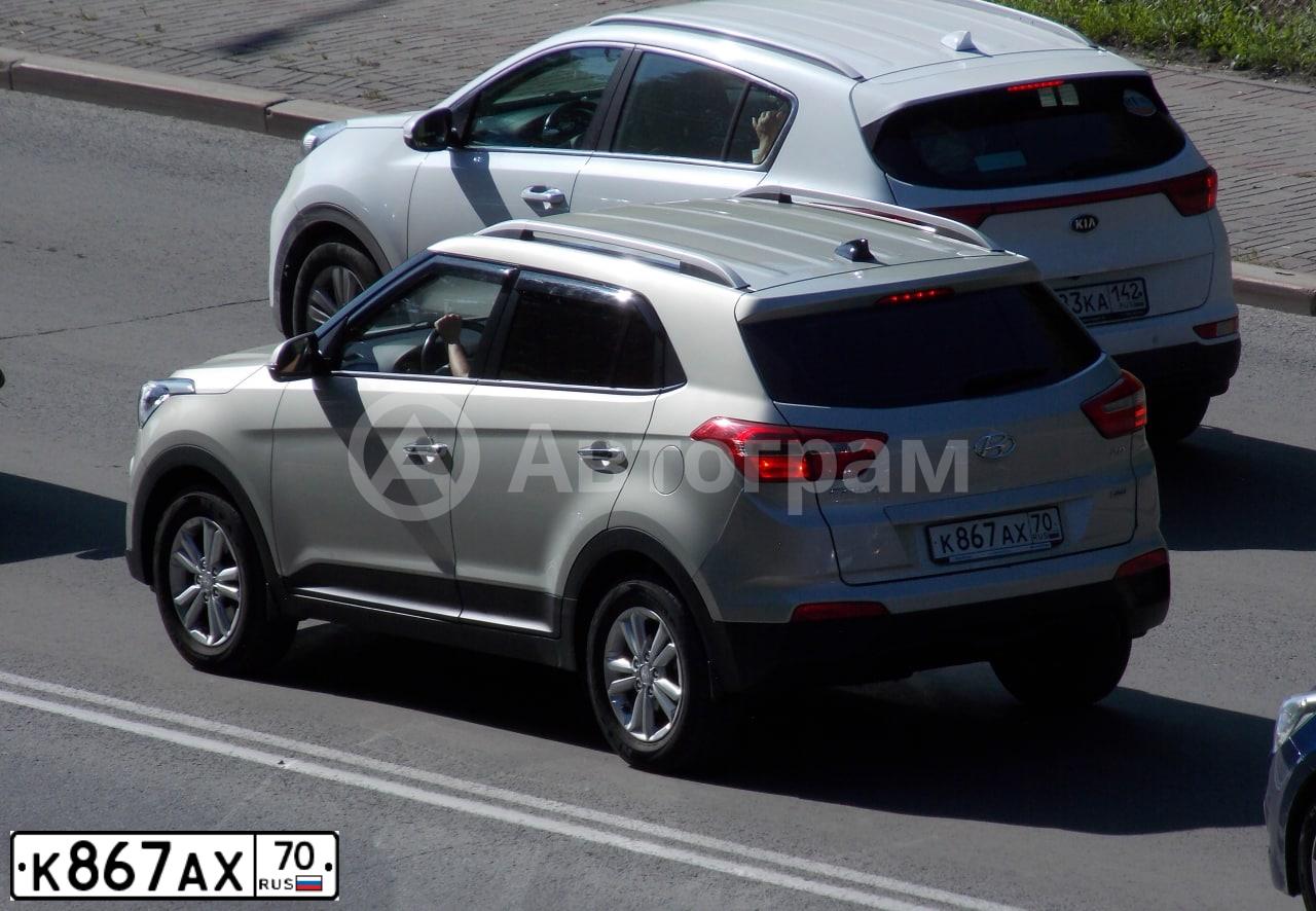 Фото автомобиля HYUNDAI CRETA, 2018 — госномер В001УР70. Цвет: БЕЖЕВЫЙ