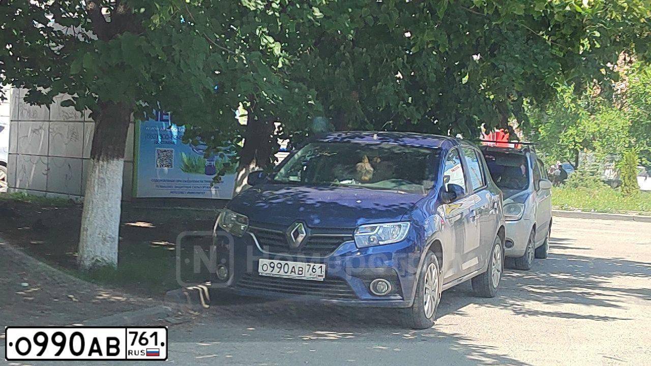 Фото автомобиля RENAULT SANDERO, 2018 — госномер О990АВ761. Цвет: СИНИЙ