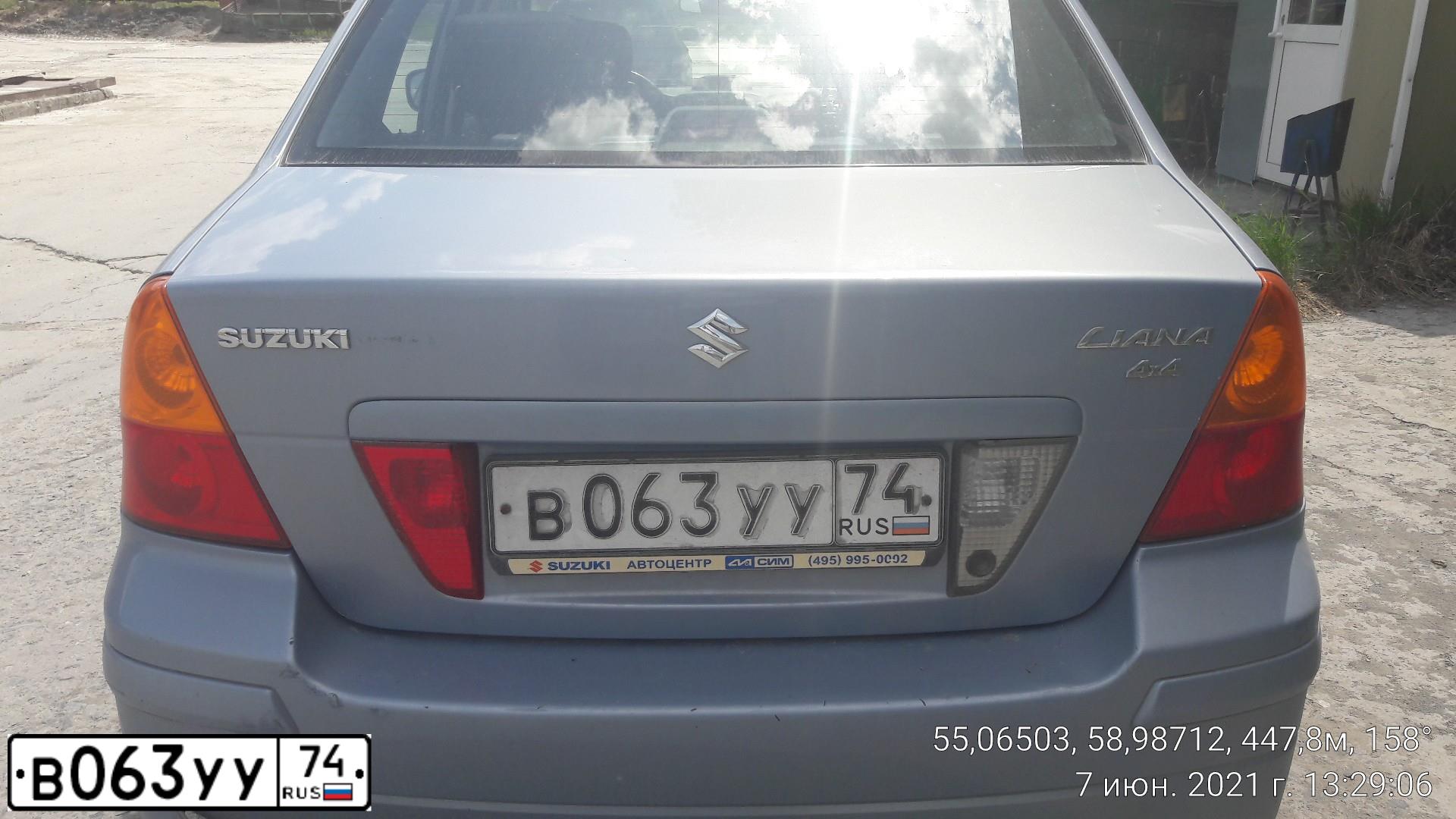 Фото автомобиля SUZUKI LIANA, 2005 — госномер В063УУ74. Цвет: СИНИЙ