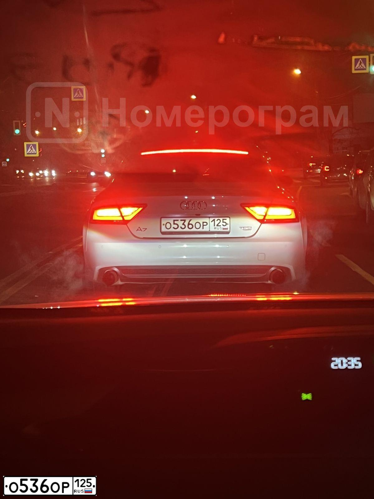 Фото автомобиля AUDI A7, 2013 — госномер О536ОР125. Цвет: Белый