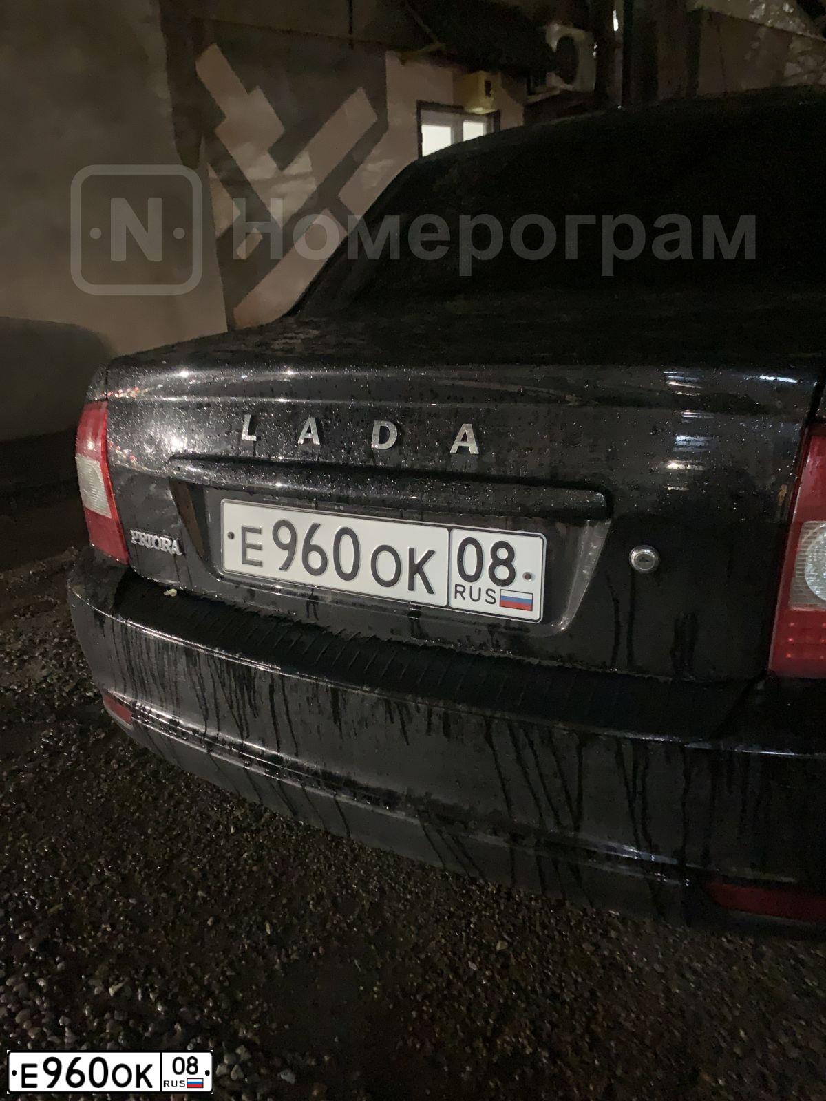 Фото автомобиля LADA 2170 PRIORA, 2018 — госномер Е960ОК08. Цвет: ЧЕРНЫЙ