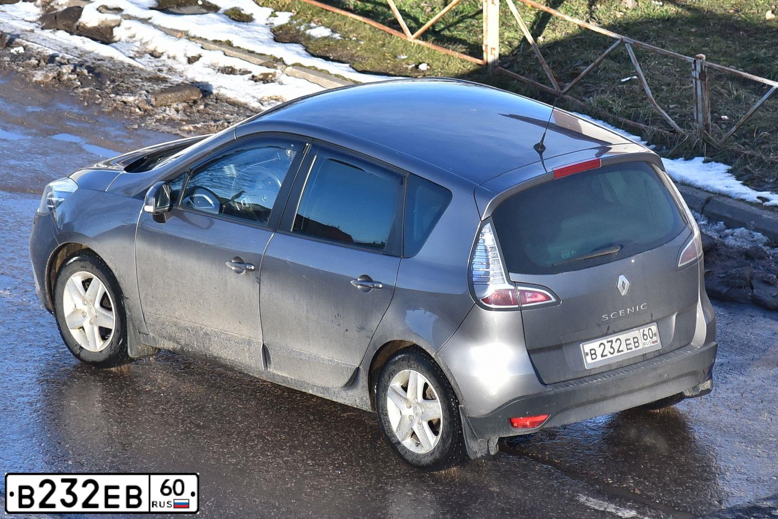Фото автомобиля RENAULT MEGANE /GRAND/ SCENIC, 2012 — госномер В232ЕВ60. Цвет: ТЕМНО-СЕРЫЙ