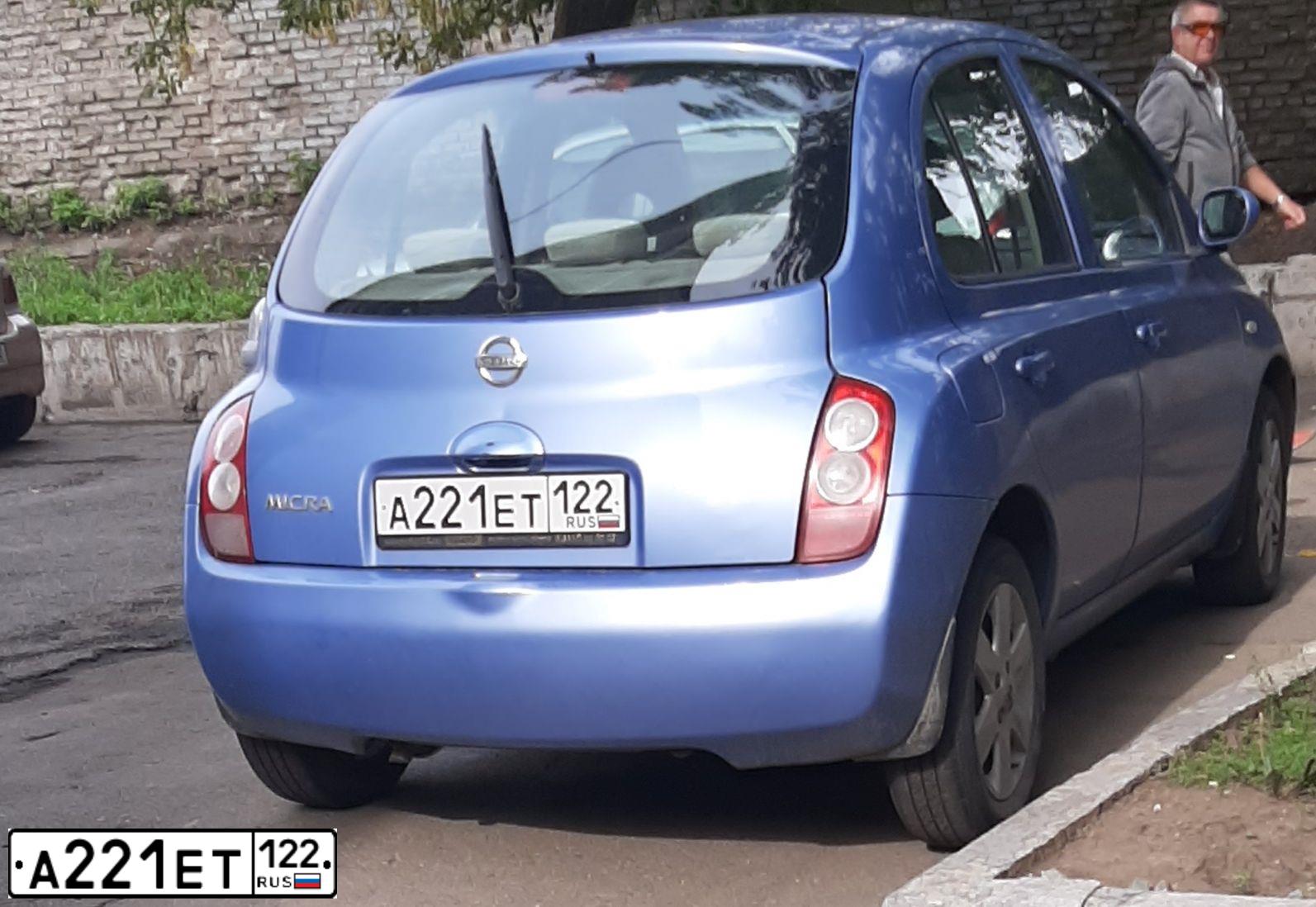 Фото автомобиля NISSAN MICRA, 2004 — госномер А221ЕТ122. Цвет: ФИОЛЕТОВЫЙ