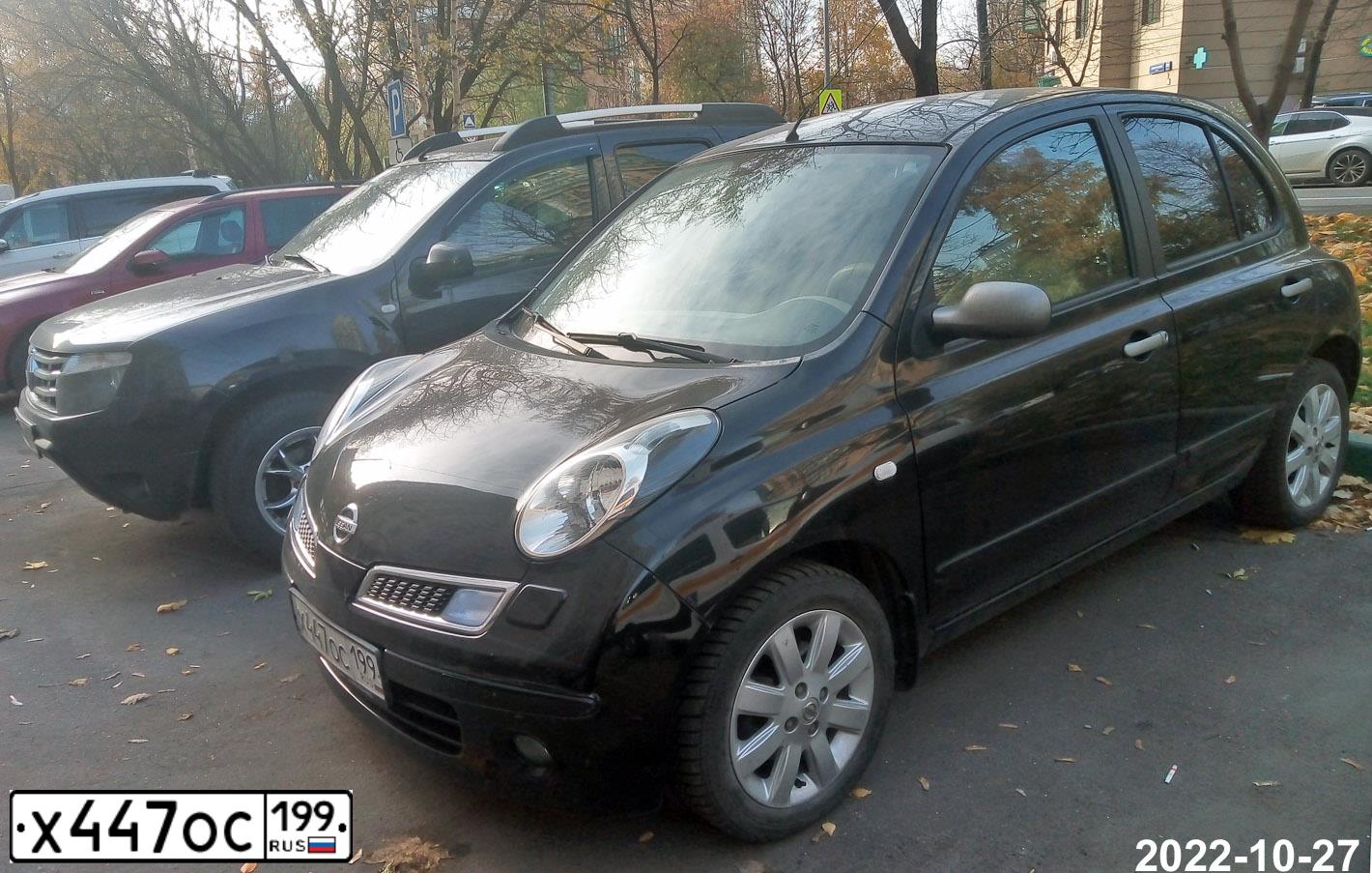 Фото автомобиля NISSAN MICRA, 2008 — госномер Х447ОС199. Цвет: ЧЕРНЫЙ