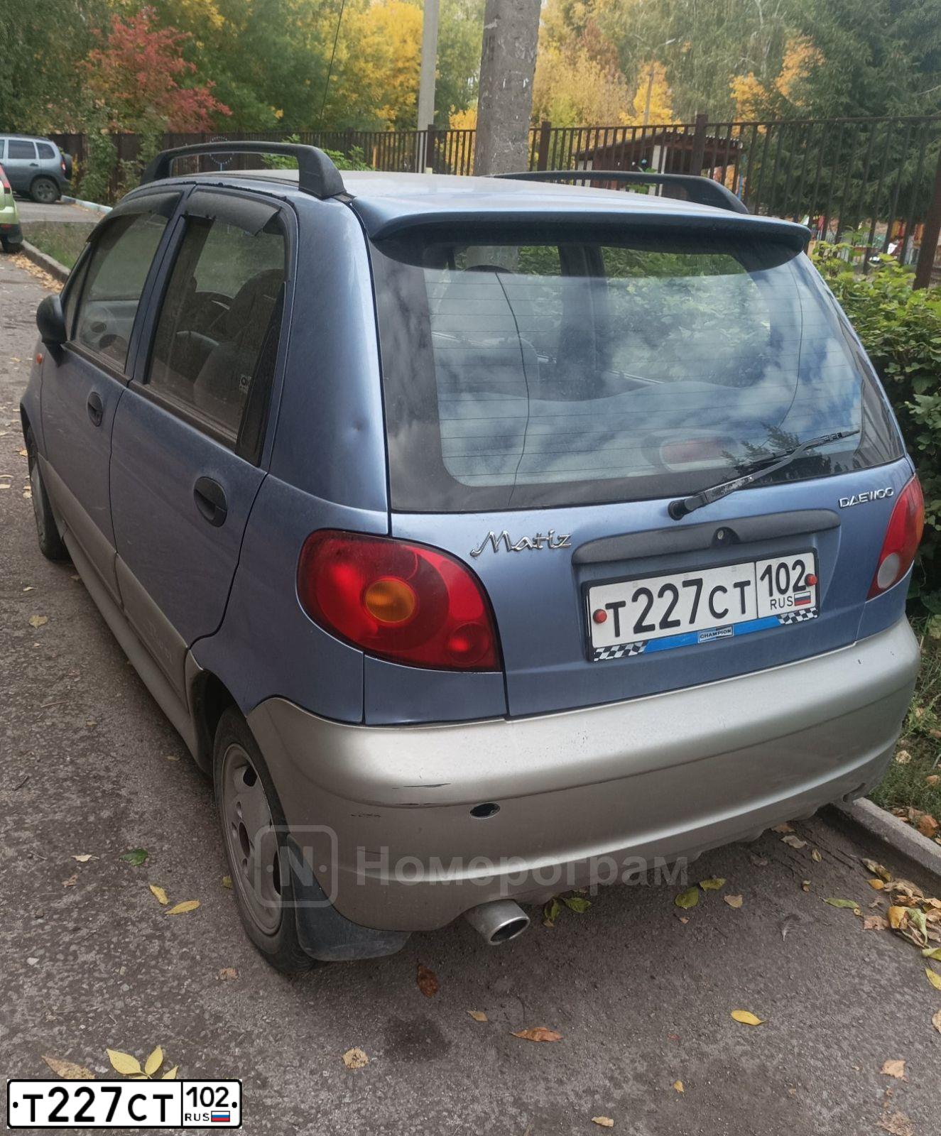 Фото автомобиля DAEWOO MATIZ, 2006 — госномер Т227СТ102. Цвет: ПЕРЛАМУТРОВО-ГОЛУБОЙ