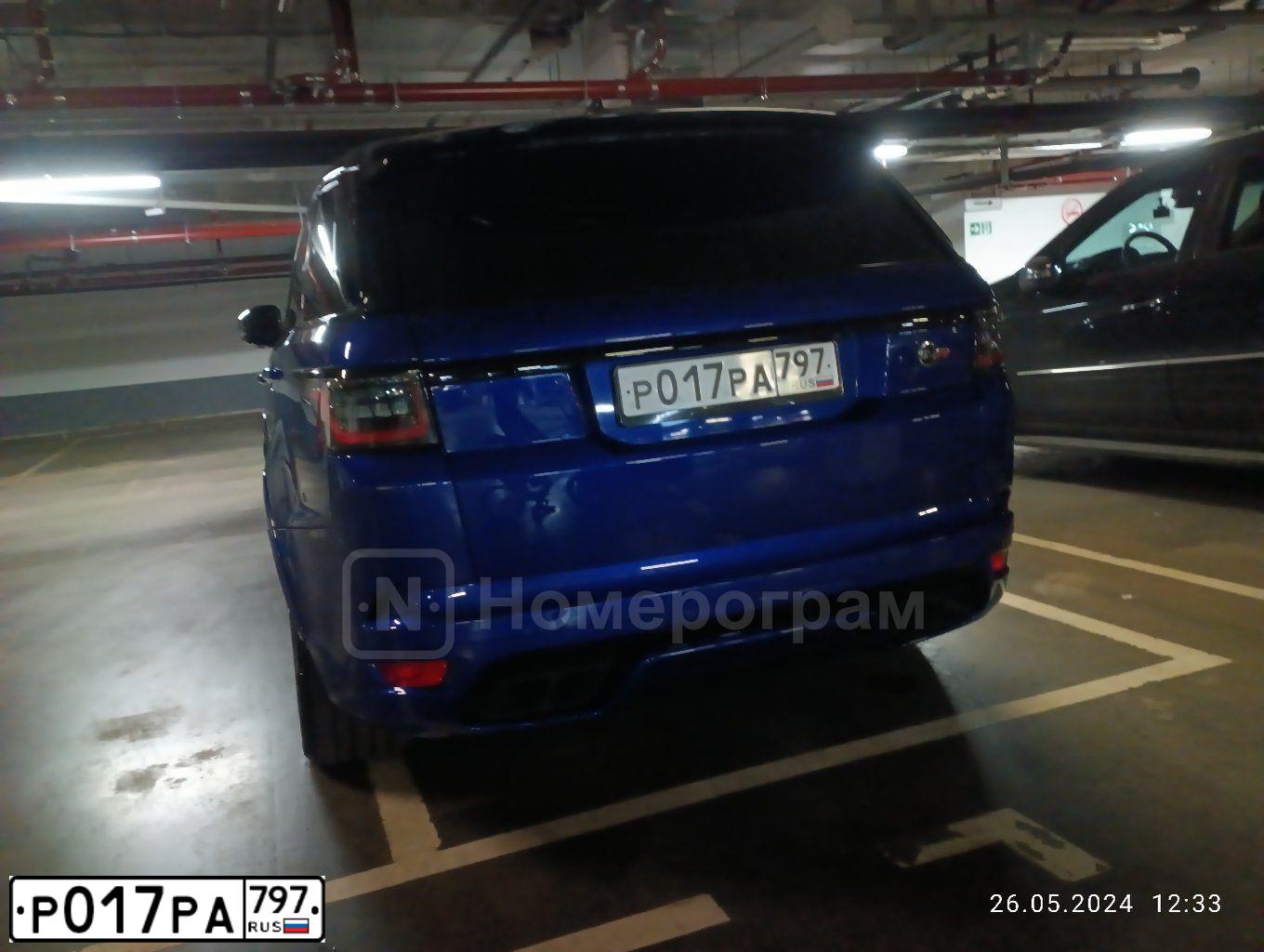 Фото автомобиля LANDROVER RANGE ROVER SPORT, 2018 — госномер Р017РА797. Цвет: синий