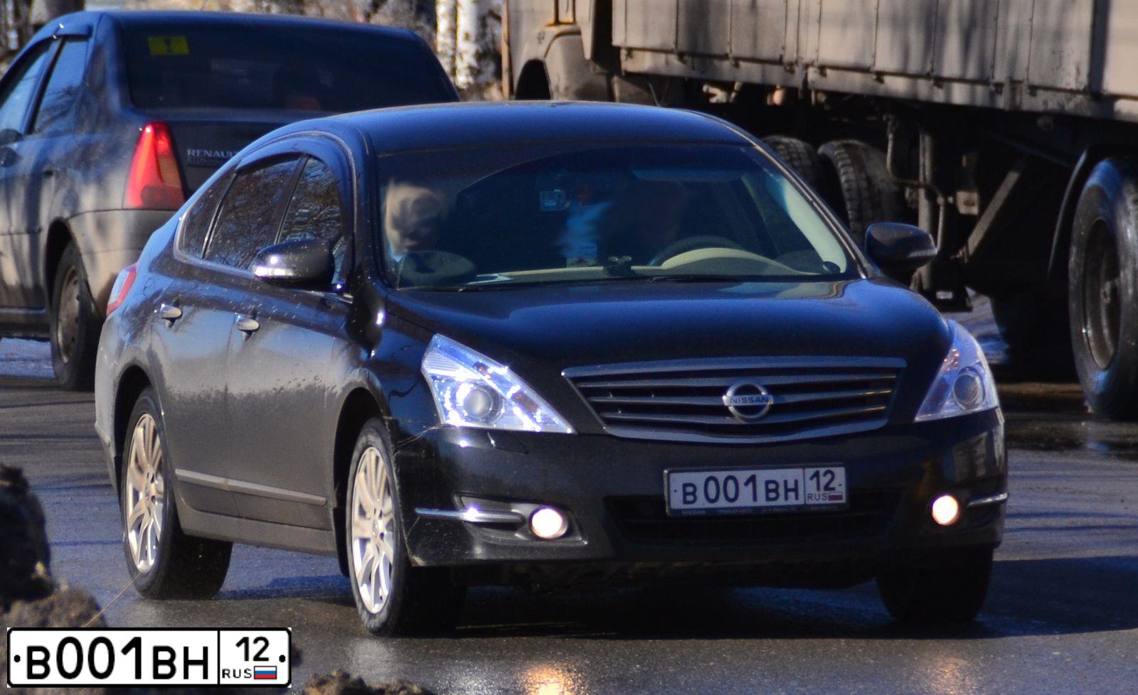 Фото автомобиля NISSAN TEANA, 2012 — госномер В001ВН12. Цвет: ЧЕРНЫЙ