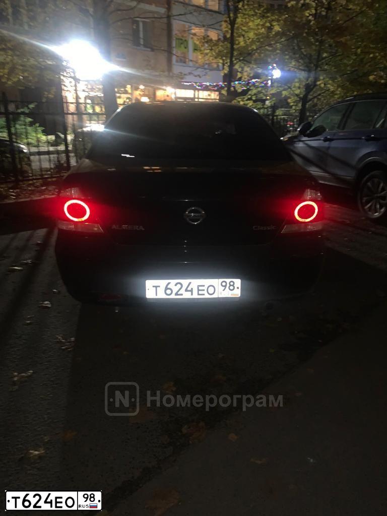 Фото автомобиля NISSAN ALMERA, 2008 — госномер Т624ЕО98. Цвет: ЧЕРНЫЙ