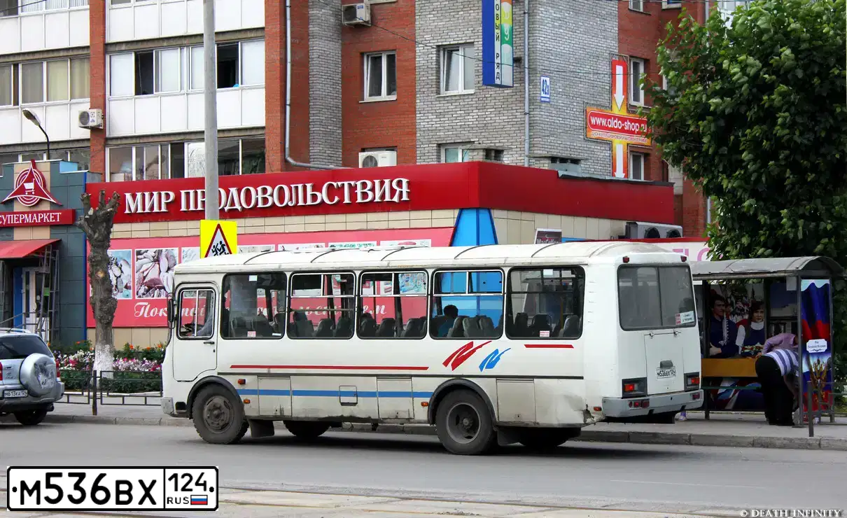 Фото автомобиля PAZ 4234, 2006 — госномер М536ВХ124. Цвет: Бело-синий