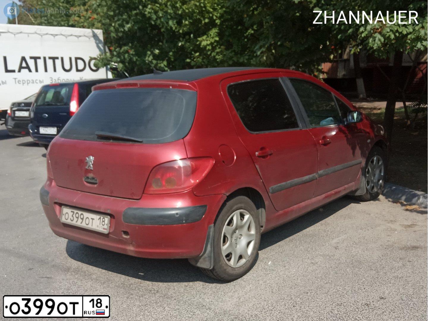 Фото автомобиля PEUGEOT 307, 2001 — госномер О399ОТ18. Цвет: ТЕМНО-КРАСНЫЙ