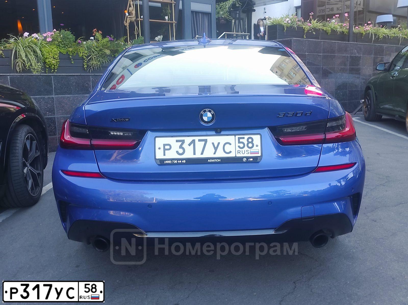 Фото автомобиля BMW SERIE 3, 2019 — госномер Р317УС58. Цвет: синий