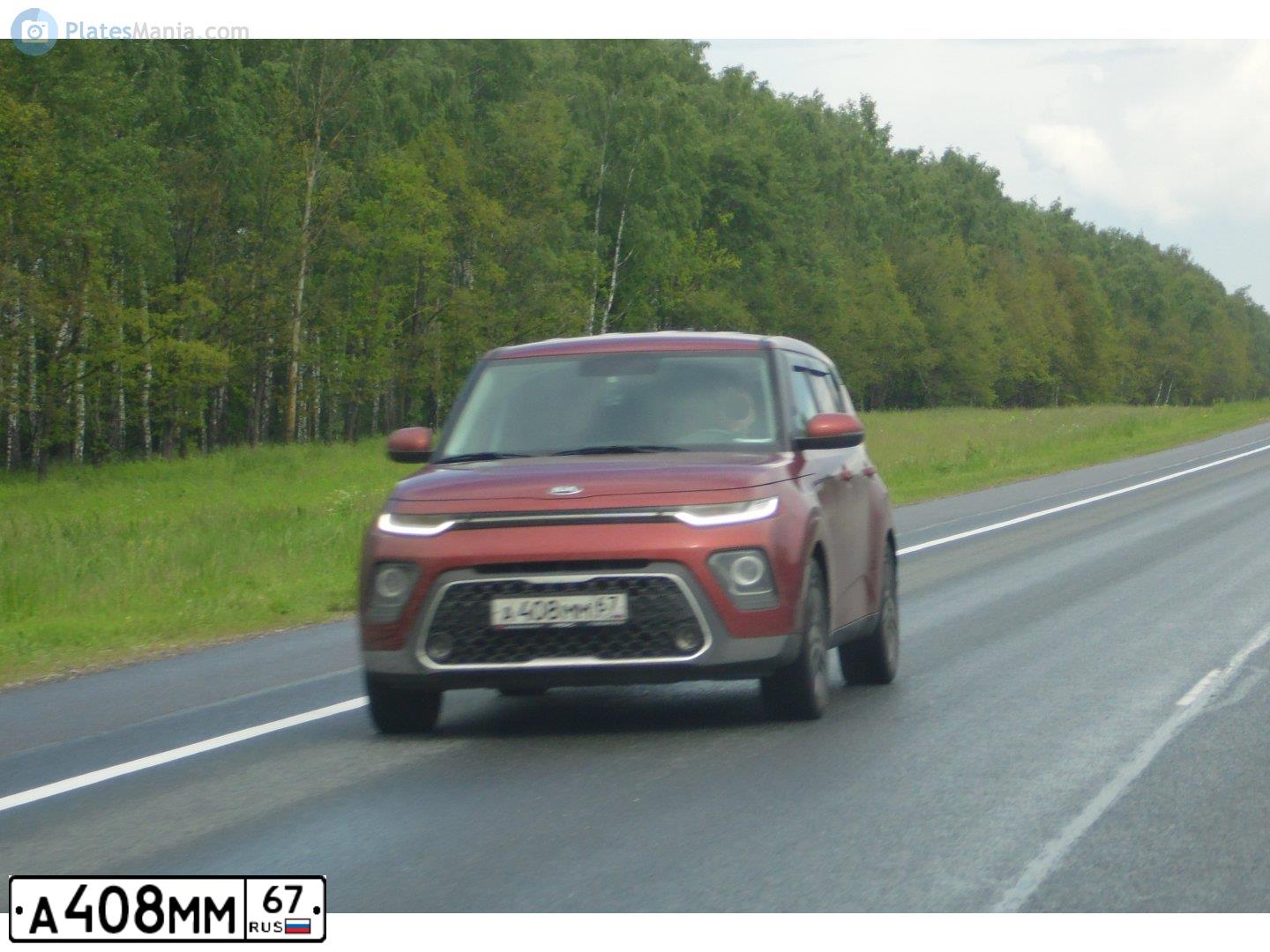 Фото автомобиля KIA SOUL, 2019 — госномер А408ММ67. Цвет: КРАСНЫЙ