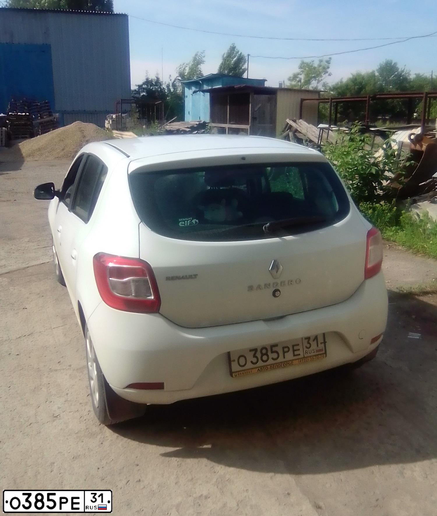 Фото автомобиля RENAULT SANDERO, 2016 — госномер О385РЕ31. Цвет: Белый