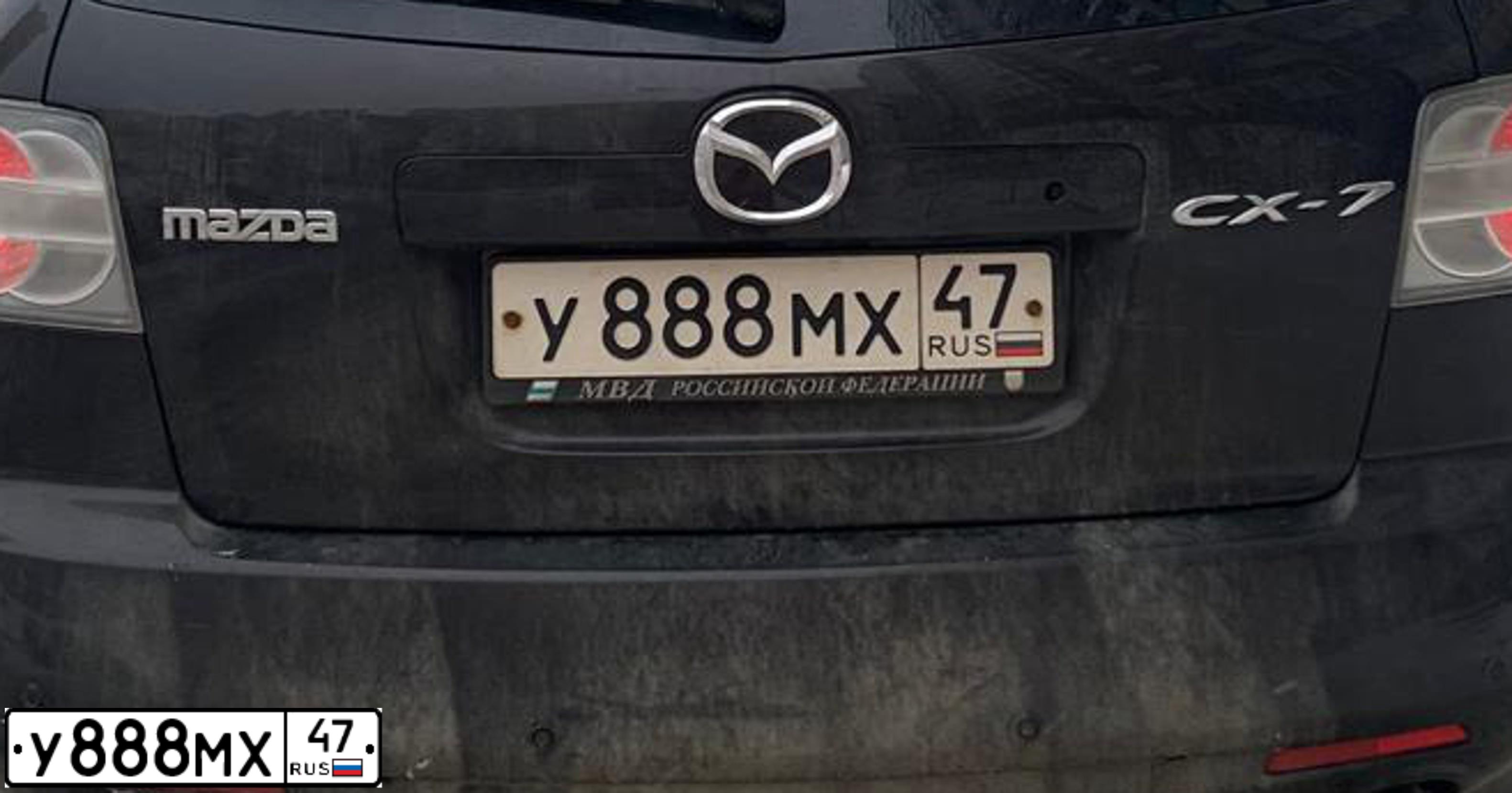 Фото автомобиля MAZDA CX-7, 2008 — госномер У888МХ47. Цвет: ТЕМНО-ВИШНЕВЫЙ