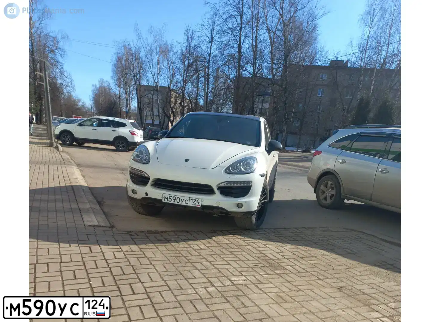 Фото автомобиля PORSCHE CAYENNE, 2011 — госномер М590УС124. Цвет: Белый