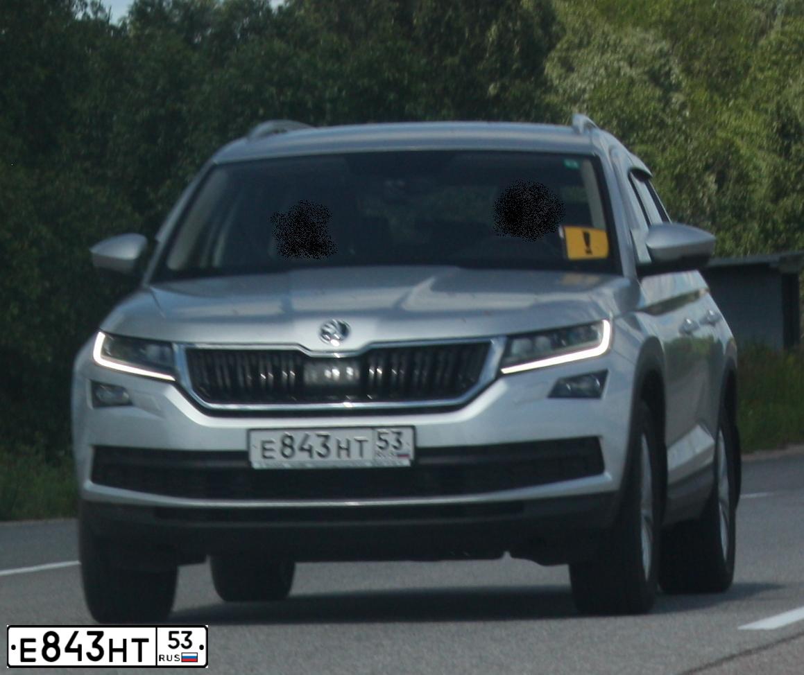 Фото автомобиля SKODA KODIAQ, 2018 — госномер Е843НТ53. Цвет: Серебристый