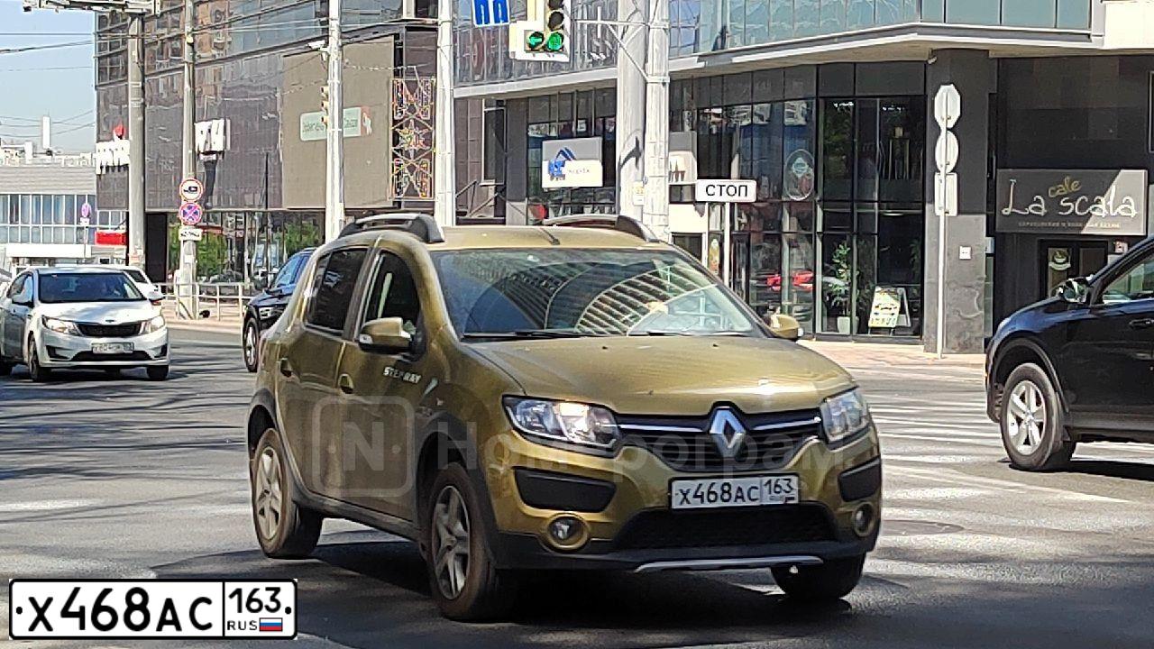 Фото автомобиля RENAULT SANDERO, 2016 — госномер Х468АС163. Цвет: ЗОЛОТИСТО-ЗЕЛЕНЫЙ