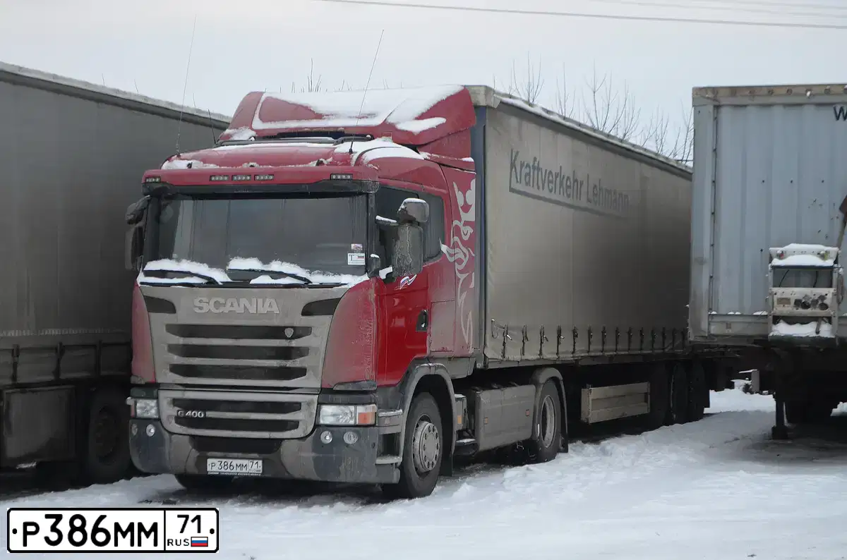 Фото автомобиля SCANIA SERIE G /4X2/, 2013 — госномер Р386ММ71. Цвет: КРАСНЫЙ