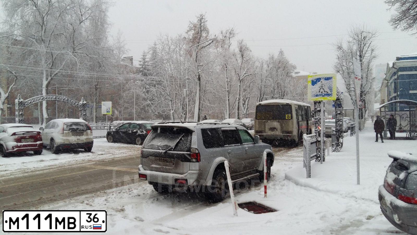 Фото автомобиля MITSUBISHI PAJERO SPORT, 2004 — госномер М111МВ36. Цвет: серебристый