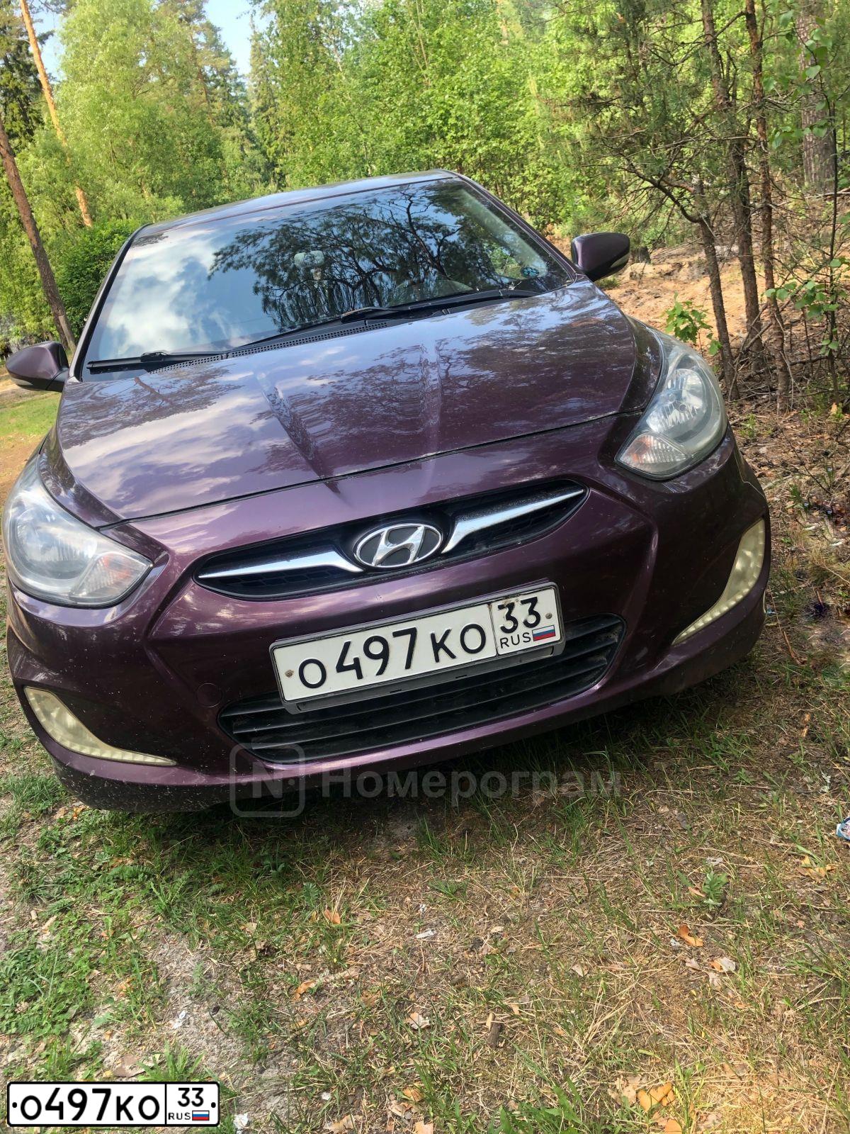 Фото автомобиля HYUNDAI SOLARIS, 2011 — госномер О497КО33. Цвет: ФИОЛЕТОВЫЙ