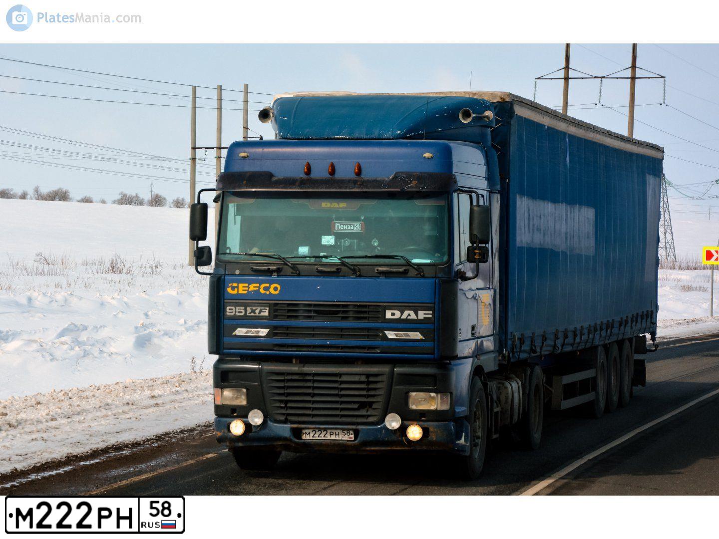 Фото автомобиля DAF XF 95 FT /4X2/, 2000 — госномер М222РН58. Цвет: СИНИЙ