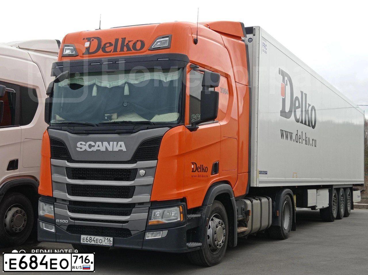 Фото автомобиля SCANIA SERIE R /4X2/, 2019 — госномер Е684ЕО716. Цвет: ОРАНЖЕВЫЙ
