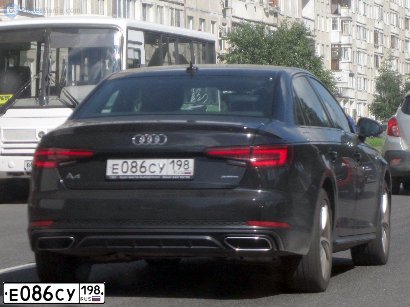 Фото автомобиля AUDI A4, 2019 — госномер Е086СУ198. Цвет: ЧЕРНЫЙ