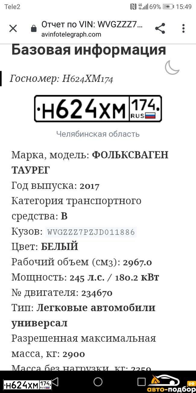 Фото автомобиля VOLKSWAGEN TOUAREG, 2017 — госномер В405РМ797. Цвет: Белый