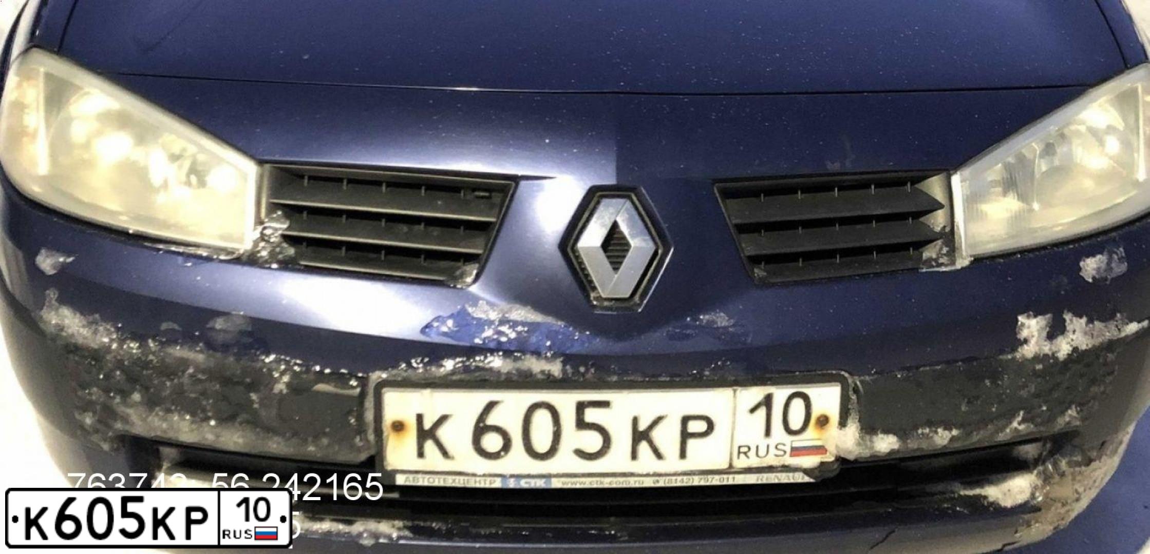 Фото автомобиля RENAULT MEGANE, 2005 — госномер К605КР10. Цвет: синий