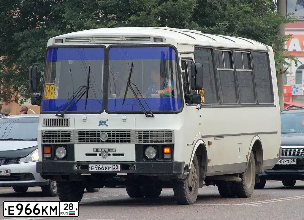 Фото автомобиля PAZ 3205, 2007 — госномер Е966КМ28. Цвет: Белый